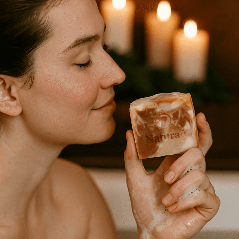 cô gái cầm xà phòng nghệ naturae